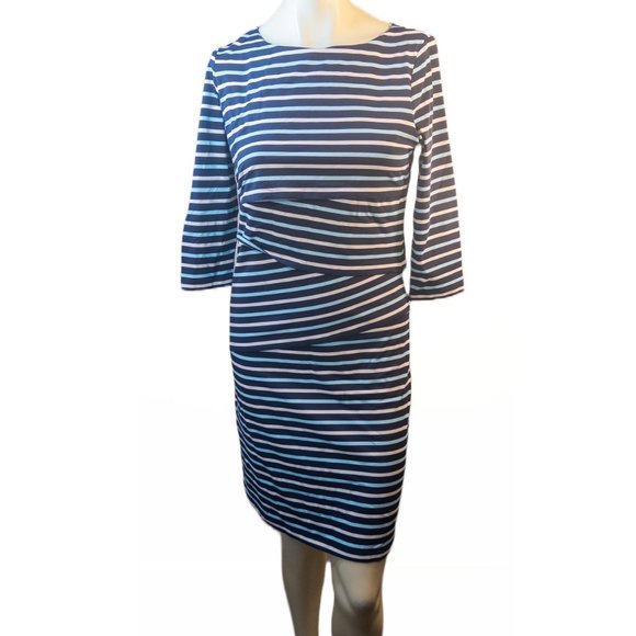J Mclaughlin Size Medium Dress Nicola Blue Stripe Sheath Knee Length Comfort - Picture 1 of 11